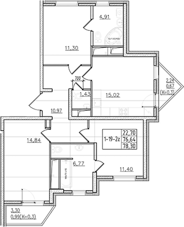3-комнатная квартира 78.3 м², 19/19 эт., ЖК «Мурино Клаб»